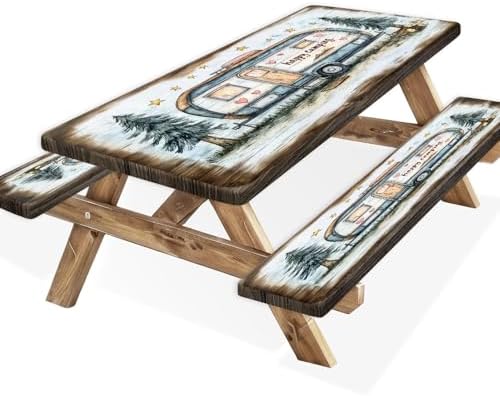 Picnic Table Cover with Bench Covers and Bag, Camping Essentials, Camper Forest Wooden Grain Outdoor Table Covers, Waterproof Windproof, Fitted Tablecloth Cover with Elastic Edge, 3 PCS, 30x96 Inch by Xguatan