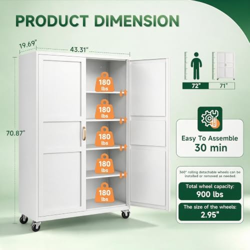 Letaya Metal Garage Storage Cabinet with Wheels,Wide Tool Locker,71”H,White - Image 3