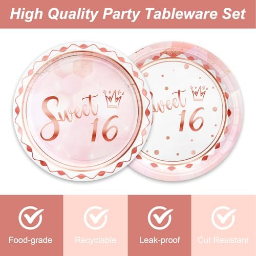 48pcs Sweet 16 Party Decoration Set,16 Dessert Plate,16 Napkin and 16 Fork,Sweet 16 Disposable Tableware for 16 Persons,Used for Pink Rose Gold 16 Party Supplies - Image 3