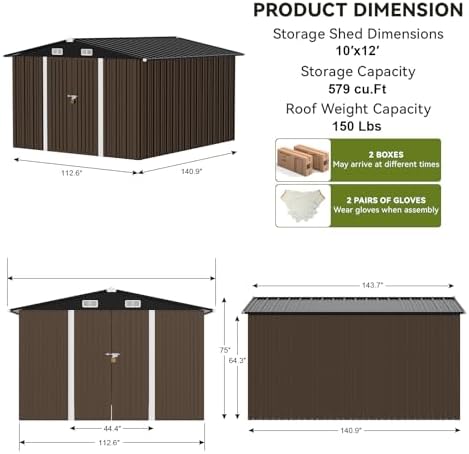 COMHOMA Shed Outdoor Storage Shed Metal,Lockable Doors Tool Sheds with Sloping Roof,Steel Garden Shed with Air Vent for Backyard,Patio,Lawn,Poolside (Brown, 10'x12') - Image 3