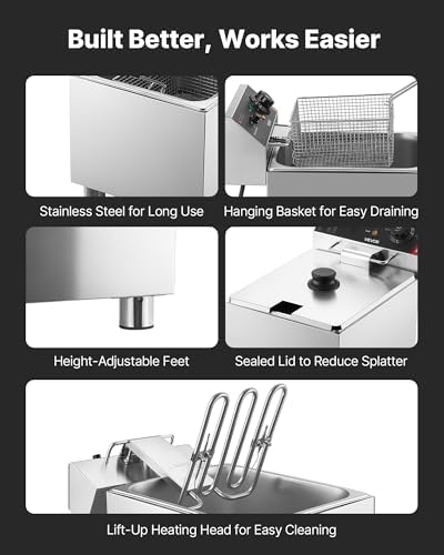 VEVOR Commercial Deep Fryer, Stainless Steel Countertop Fryer with Baskets & Lids, Temp Control, Overheat Protection, for Commercial Restaurant, Single Fryer-12Qt - Image 6