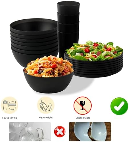 24pcs Matte Black Dinnerware Set, Plates Bowls & Cups, Unbreakable Dishes for 8, Reusable BPA‑Free Tableware, Dishwasher Safe for Kitchen Party Picnic Camping, Bonus Cutlery Set Included - Image 4