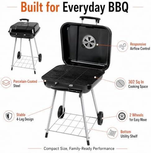 Charcoal Grill 17.5" Square Portable BBQ Kettle for Camping Picnic - Image 6