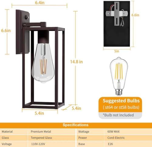 2 Pack 15'' Oil Rubbed Bronze Dusk to Dawn Outdoor Front Porch Lights for Outside, Large Exterior Lighting Fixtures Wall Mount for House, Wall Sconce Lamp, Waterproof Lantern Coach Lights for Garage - Image 6