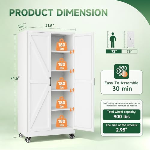 Letaya Metal Garage Storage Cabinet with Wheels,75" White Tool Steel Locker - Image 3