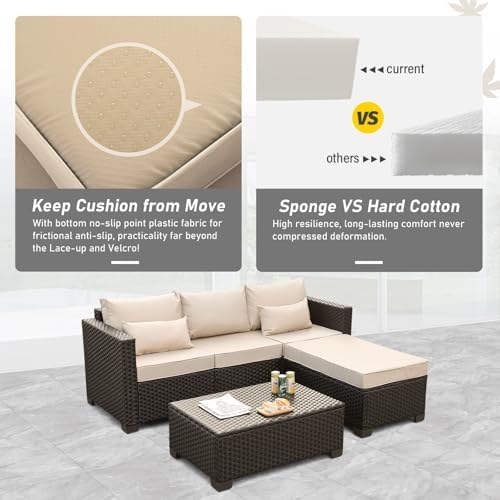 Oasishine 3 Pcs Patio Furniture Set Outdoor Sectional Wicker Patio Furniture Patio Couch Outdoor Storage Table with Lining All-Weather Non-Slip Cushions Waterproof Covers, Khaki - Image 7
