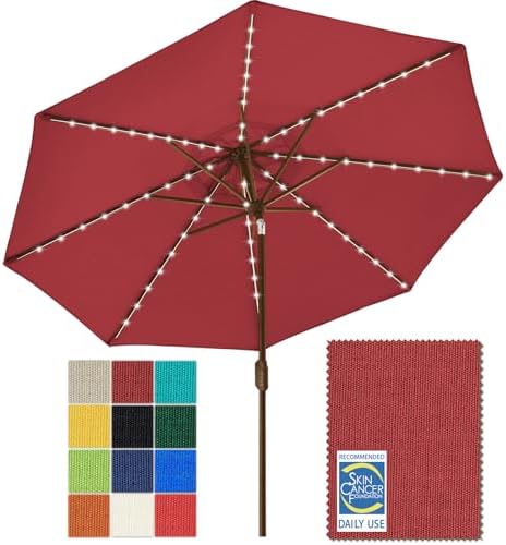 EliteShade USA 10-Year-Non-Fading 9ft Market Patio Umbrella, Commercial Grade Table Sun Umbrella with 80 Solar LED Lights, Crank Open, Windproof & UPF 50+ UV Protection for Garden, Deck, Pool, Backyard, Burgundy by EliteShade