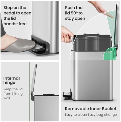 Cesun Small Bathroom Trash Can with Lid, 1.6 Gal, Soft Close, Sliver - Image 4