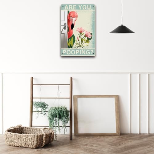 BEASTZHENG Metal Tin Sign Vintage Flamingo Metal Sign, Funny Bathroom Wall Art with "Are You Pooping?" 8x12 Inches Quote, Unique Tropical Farmhouse Decor for Flamingo Lovers - Image 5