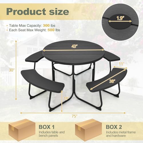 Tangkula 8 Person Round Picnic Table with 4 Built-in Benches, Black - Image 3
