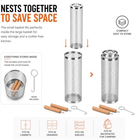 Rolling Grill Basket 2-Pack, 304 Stainless Steel Grilling Basket with Removable Wooden Handle, Nesting BBQ Baskets for Outdoor Grill, Vegetables Shrimp & Meat, Smoker Camping Accessories, BBQ Gifts for Men Dad - Image 5