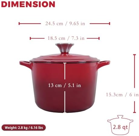 Flavehc Dutch Oven Pot with Lid 2.8 Qt Cast Iron Dutch Oven for Bread Baking, Red Enameled Cast Iron Soup Pot, Small Deep Dutch Oven for Soup, Stews & Small Family Meals - Image 4
