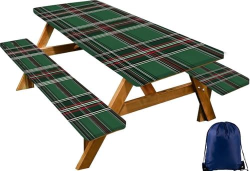 CAPSCEOLL Picnic Table Cover with Bench Covers 8ft - Green Buffalo Plaid by CAPSCEOLL