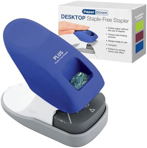 Plus Paper Clinch Desktop Staple-Free Stapler, Blue by Plus