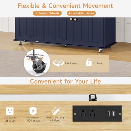ONBRILL 60" Kitchen Island with Trash Can Storage, Rolling Island Table - Image 5