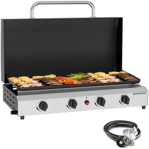 SKOK 4 Burner Gas Griddle with Hood- 30 Inch Outdoor Propane Griddle-60000 BTU Propane Fuelled, Portable Flat Top Gas Grill Camping Griddle with Lid for Kitchen, Outdoor BBQ, Camping by SKOK