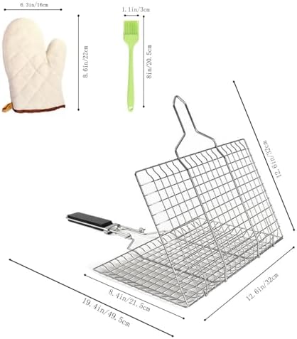Fish Grill Basket BBQ Grilling Rack Kabob Veggies Shrimp Stainless Steel Cage Holder with Cleaning and Oil Brushes Oven Gloves - Image 2