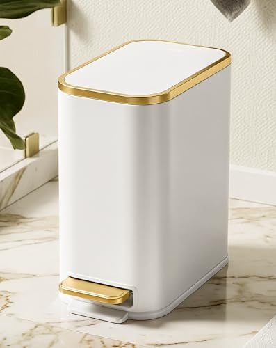 Cesun Small Bathroom Trash Can with Gold Grimmed Lid & Pedal, 1.3Gal, White by Cesun