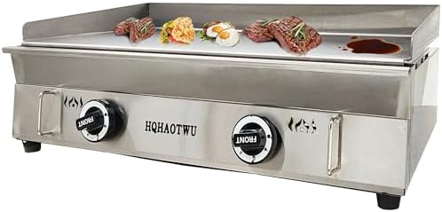 LPG Gas Griddle - Camp Countertop Flat Cooking Griddle with Temperature Control - 2800Pa Top Grill Hot Plate Stove - 2 Burner Outdoor Kitchen - Stainless Steel Grill BBQ Plate by HQHAOTWU