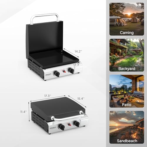 ROVSUN 2 Burner Portable Propane Griddle with Enameled Tray & Lid, 20,000 BTU Tabletop Flat Top Gas Grill with Electronic Ignition & Regulator for Outdoor Cooking Camping BBQ Tailgating Picnicking - Image 6