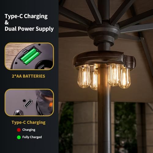 Patio Umbrella Light with Remote Control, Rechargeable Cordless LED Edison Bulbs Pole Light with 10 Brightness Levels for Garden, Patio, Backyard, Camping or BBQ - Brown (1 Pack) - Image 3