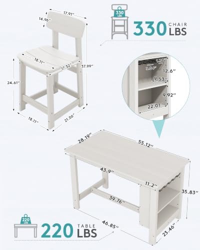 SERWALL 5-Piece Outdoor HDPE Counter-Height Bar Set with 4 Stools, White - Image 2