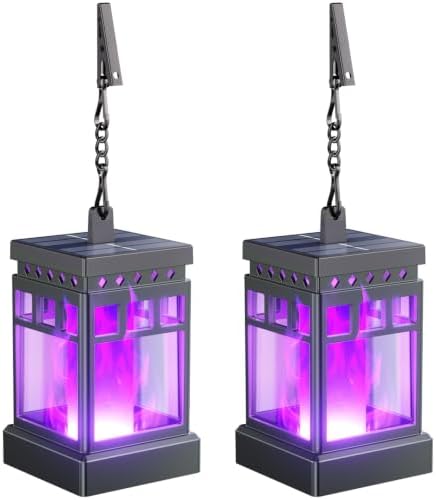 KOOPER Hanging Solar Lanterns Outdoor Waterproof, 2PCS Flickering Flame Hanging Solar Lights for Outside, Outdoor Solar Lanterns up to 12 Hours, Lanterns Decorative for Patio Yard Decor (Purple Light) by KOOPER