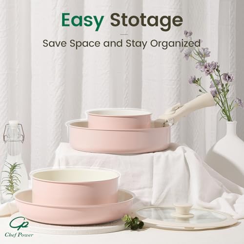 Chef Power Ceramic Nonstick Pots and Pans Set 19 Piece with Detachable Handle, Induction Dishwasher Oven Safe Cookware Set, RV Kitchen Set Removable Handle (Light Pink) - Image 4