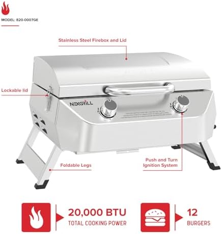 Nexgrill Tabletop 2 Burner Gas Grill, Stainless Steel with Folding Legs - Image 2