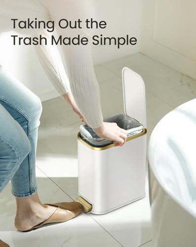 Cesun Small Bathroom Trash Can with Gold Grimmed Lid & Pedal, 1.3Gal, White - Image 6