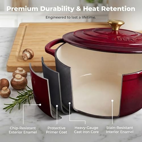Zulay Kitchen 6.4QT Enameled Cast Iron Dutch Oven Pot with Lid, Heavy-Duty Soup Pot for Stews, Braising, Roasting & Sourdough Bread Baking, Oven Safe up to 500°F – Garnet - Image 5