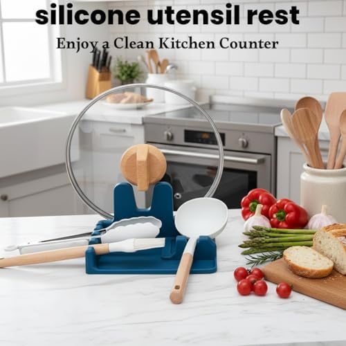 AUOON Silicone Utensil Rest with Lid Holder, Large, Fog Blue - Image 5