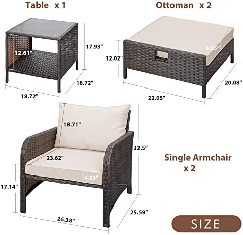 LEVELEVE Balcony Furniture 5 Piece Patio Conversation Set, PE Wicker Rattan Outdoor Lounge Chairs with Soft Cushions 2 Ottoman&Glass Table for Porch, Lawn-Brown Wicker - Image 2