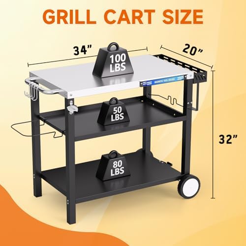 Grill Table, Stainless Steel Grill Cart with Three-Shelf, Movable Pizza Oven Table with Side Tray ＆ Trash Bag Holder, Outdoor Grill Stand with Hooks for Food Prep, Outside Tailgating, Camping - Image 2