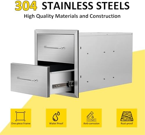 Outdoor Kitchen Drawers 14" W x 15" H x 23" D Flush Mount Double BBQ Drawers with Chrome Handle Stainless Steel Drawer for Outdoor Kitchen Island, Patio Grill Station - Image 3