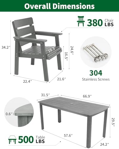 7-Piece Outdoor Dining Set, All-Weather HIPS Patio Table & Chairs for 6, Outdoor Furniture with Umbrella Hole, Ideal for Garden, Poolside, Backyard, Deck, Dark Gray - Image 2