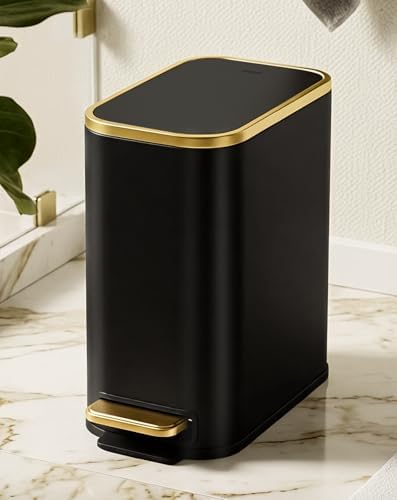 Cesun Small Bathroom Trash Can with Gold Grimmed Lid & Pedal, 1.3Gal, Black by Cesun