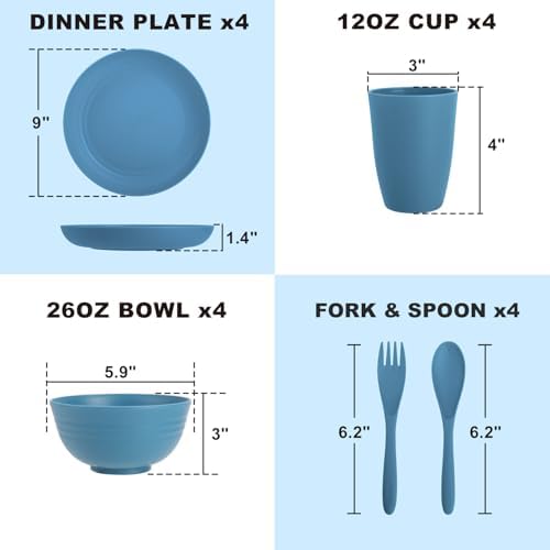 Wheat Straw Dinnerware Sets for 4, Reusable Plastic Dinner Plates, Unbreakable Kids Plates and Bowls Sets 20 PCS, Dishwasher & Microwave Safe Kitchen Camping Dorm Dish Sets- Blue - Image 2