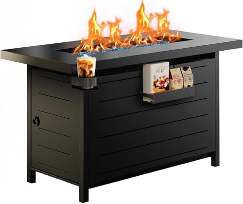 Ciays 43″ Fire Pit Table with Glass Beads & Lid, CSA-Certified Gas Fire Pit with Cup Holders, Hanging Shelf & Nylon Cover, Large Outdoor Fire Pit for Patio/Porch/Deck, 60,000 BTU Heat Output, CIFPT9B by Ciays