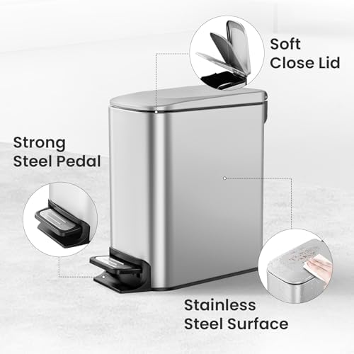 Cesun Small Bathroom Trash Can with Lid, 1.6 Gal, Soft Close, Sliver - Image 3