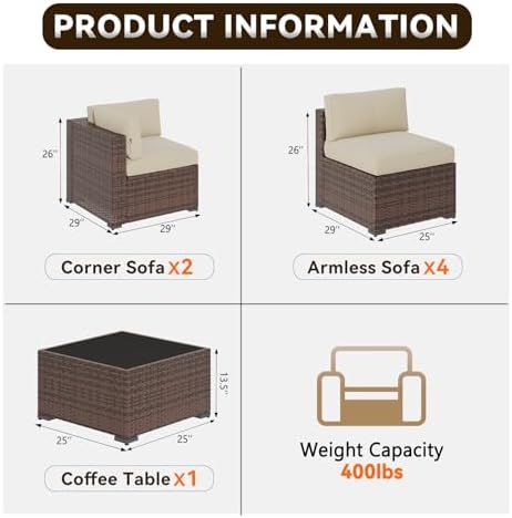 Aoxun Patio Furniture Sets, 7-Piece Outdoor Patio Furniture with Thick Cushions, Wicker Outdoor Conversation Set Sectional Sofa for Backyard, Poolside, Garden(Cream-Browm, 7 x 25.6 - Seats) - Image 2