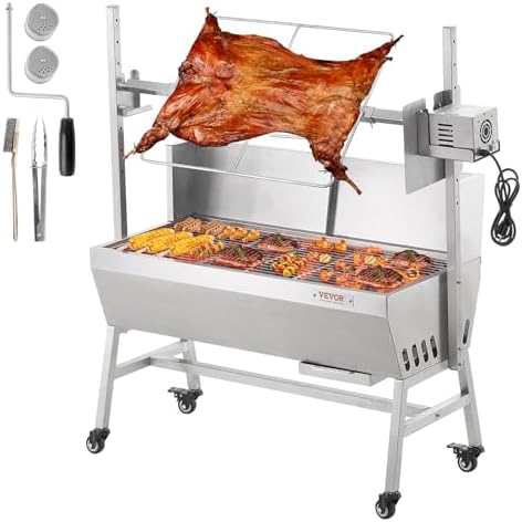 VEVOR Rotisserie Grill with Windscreen, BBQ Whole Pig Lamb Goat Charcoal Spit Grill, 35 Inch 90 Lbs Capacity, Electric 42W Motor Stainless Steel Roaster with Lockable Wheels, for Camping Outdoor by VEVOR