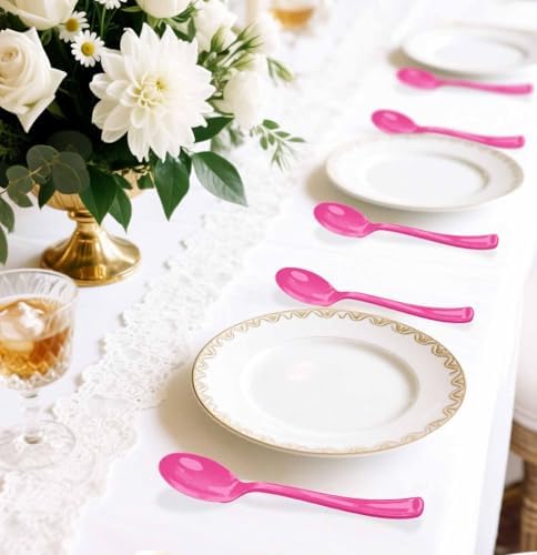 SietDESEO 50 PCS Hot Pink Plastic Spoons Disposable Utensils Heavy Duty Hot Pink Spoons Disposable Cutlery for Birthday Wedding Baby Shower Bridal Shower Plastic Silverware - Image 6
