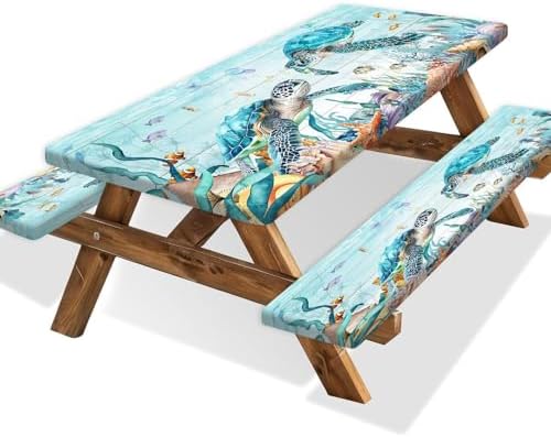 Ocean Sea Turtles Picnic Table Cover with Bench Covers and Bag, Camping Essentials, Waterproof Windproof, Fitted Tablecloth Cover with Elastic Edge, for Indoor & Outdoor, Garden, 3 PCS, 30x96 Inch by Xguatan