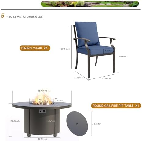 5 Pcs Metal Outdoor Patio Furniture Set with 48"/55000 BTU Outdoor Round Propane Fire Pit Table,Patio Conversation Sets 4 Fixed Chairs No-Slip Cushions and Waterproof Covers,NavyBlue - Image 6
