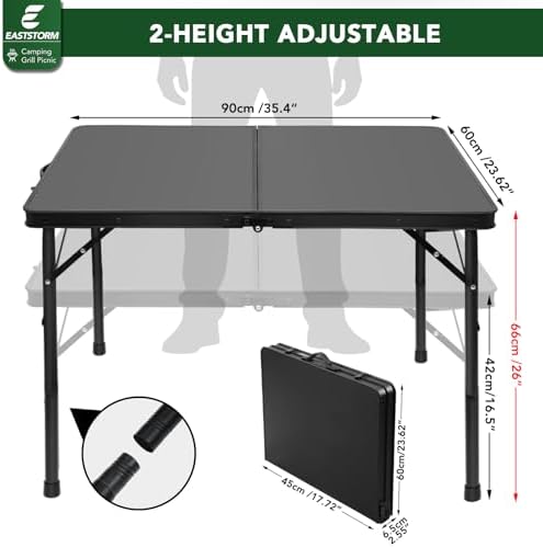 E EASTSTORM 35 inch Folding Table for 4 Person, Heavy-Duty Metal Tabletop, 2 Adjustable Height Camping Table, Portable Outdoor Table with Carrying Handle,for Patio, Picnic, Parties, BBQs, Black - Image 3