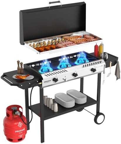 ROVSUN 3 Burner Outdoor Propane Gas Stove with Griddle, Ignition & Side Shelves, 225,000 BTU Powerful Gas Stove Outdoor Cooker for Backyard Patio Cooking Home Camping Grilling Canning Turkey Frying by ROVSUN