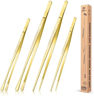4 Pcs Fine Long Tweezer Tongs Professional Gold, 12'' and 10'' Stainless Steel for Kitchen, Food, Cooking, Repairing, Sea food and BBQ by BUNDLEPRO