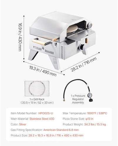 Outdoor Pizza Oven, 13 inch Gas Powered Pizza Maker with Thickened Cordierite Stone & Built-in Thermometer, 2-in-1 Portable Outside Gas Grill & Oven for Backyard & Camping, Stainless Steel - Image 5