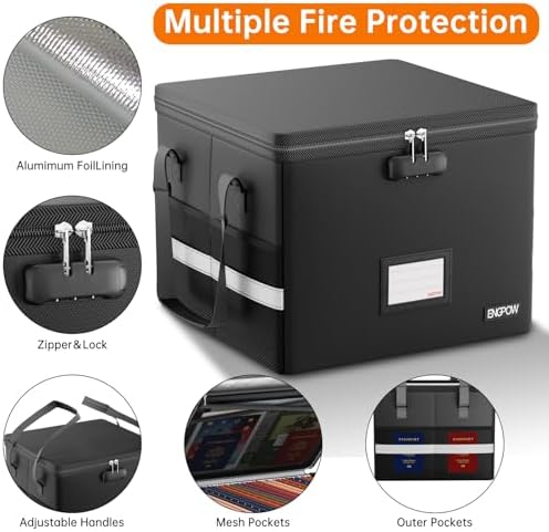 ENGPOW 5200°F Fireproof Document Box with Lock, Heat Insulated Collapsible File Storage Organizer with Handle, Portable Home Office File Cabinet for Hanging Letter/Legal Size Folder, Black - Image 5